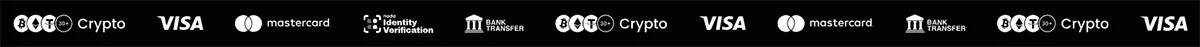 Casino payment methods banner with Crypto, Visa, Mastercard, Identity Verification, and Bank Transfer logos