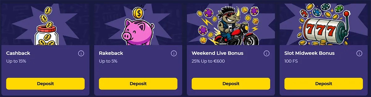 Casino promotions section showing cashback, rakeback, weekend live bonus, and slot midweek bonus offers