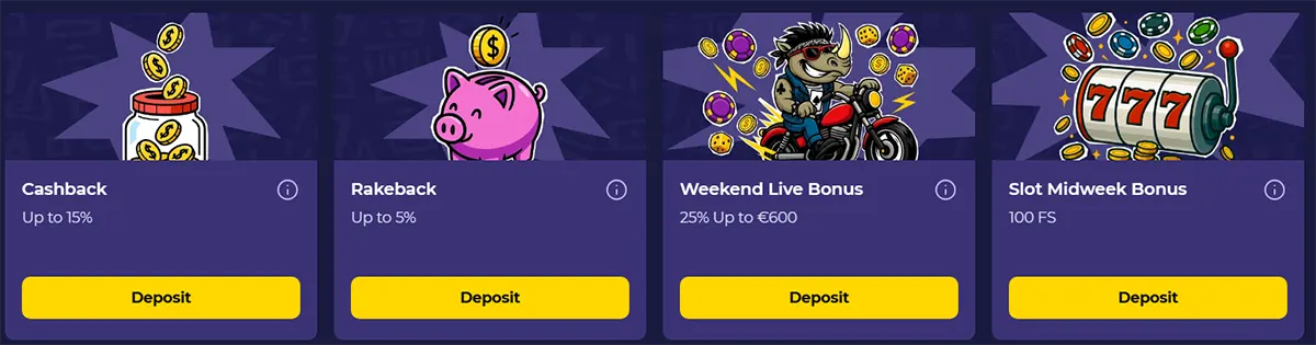 Casino promotions section showing cashback, rakeback, weekend live bonus, and slot midweek bonus offers