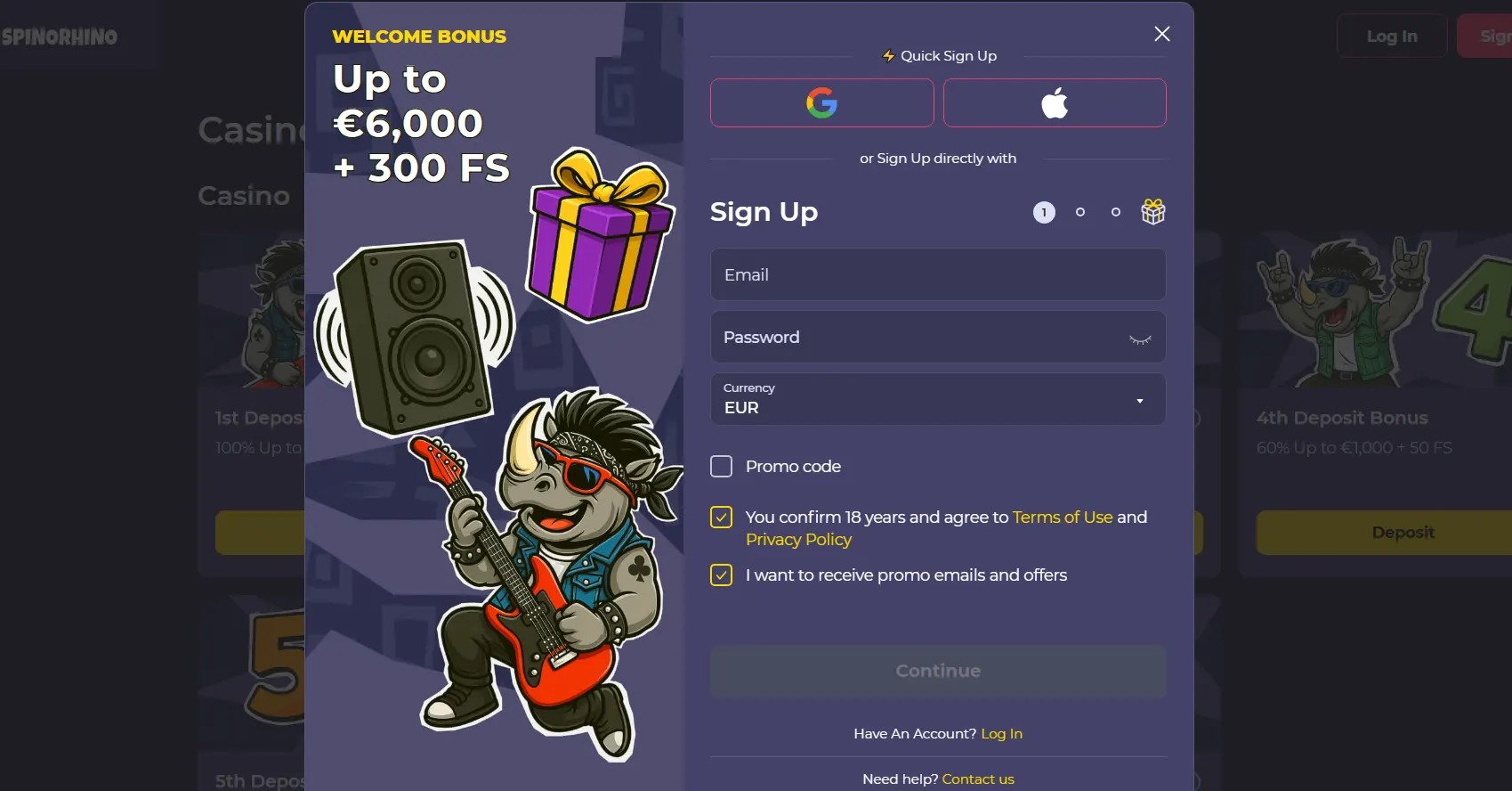 Casino welcome bonus popup with €6,000 + 300 free spins and sign-up form interface