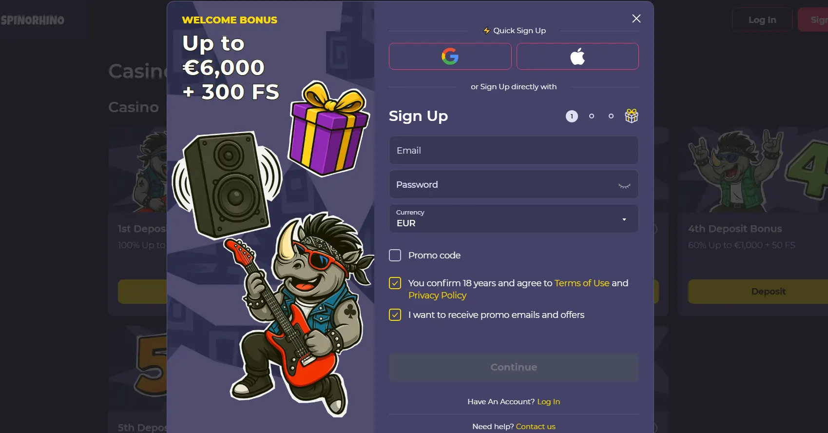 Casino welcome bonus popup with €6,000 + 300 free spins and sign-up form interface